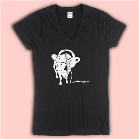 Dj Fitted  Cow Wearing Headphones Stencil Women'S V Neck